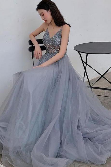 Sexy Beaded Tulle Long Evening Dress with Leg Slit, Straps Tulle Formal Dresses Party Dresses