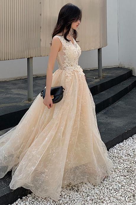 Gorgeous Champagne V-neckline Lace Long Party Dress, A-line Lace Prom Dresses Formal Dresses