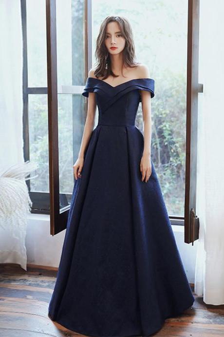 Navy Blue Satin Off Shoulder Long Party Dress Formal Dress, Sweetheart Evening Dress Formal Dresses