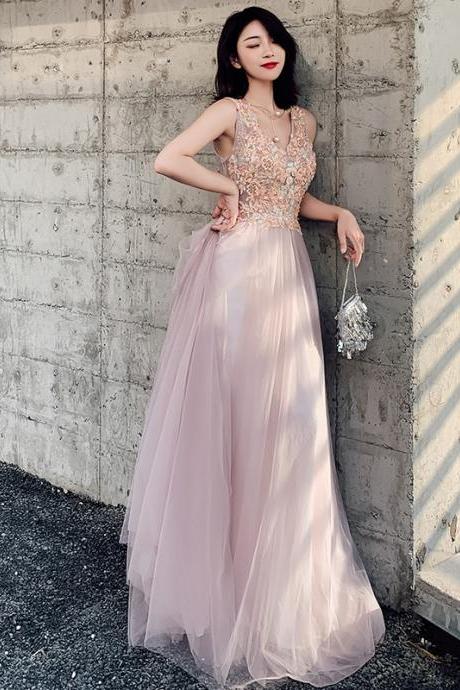 Pink Lace Applique V-neckline Tulle Long Party Dress, Pink Floor Length Evening Dress Party Dresses