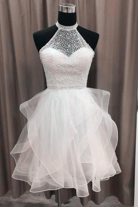 White Beaded Tulle Layers Short Party Dress Homecoming Dress, Cute Short Formal Dress