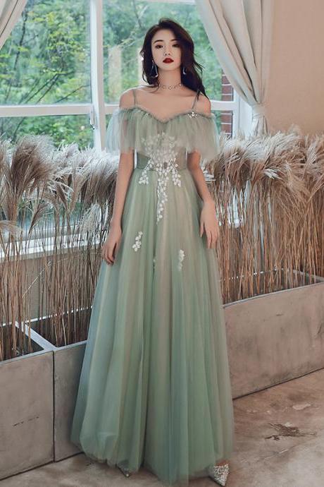 Mint Green And Champagne Off Shoulder Long Formal Dress, A-line Tulle Evening Dress Party Dress