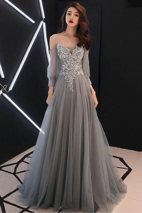 Grey Tulle Short Sleeves Long Tulle Party Dress Evening Dress, Grey Formal Dress