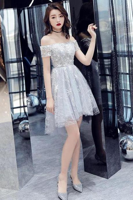 Light Grey Off Shoulder Lace Tulle Homecoming Dresses, Short Grey Party Dresses