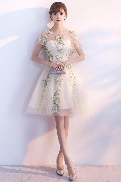 Lovely Tulle Light Champagne Tulle Party Dress With Lace Applique, Short Homecoming Dresses