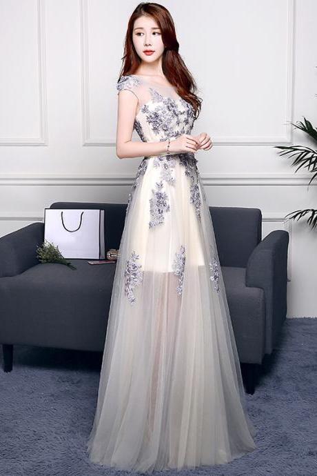 Light Champagne Tulle Round Neckline With Lace Applique, A-line Tulle Party Dress Prom Dress
