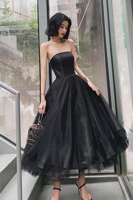 Black Short Scoop Tea Length Evening Dress Party Dress, Black Party Dresses