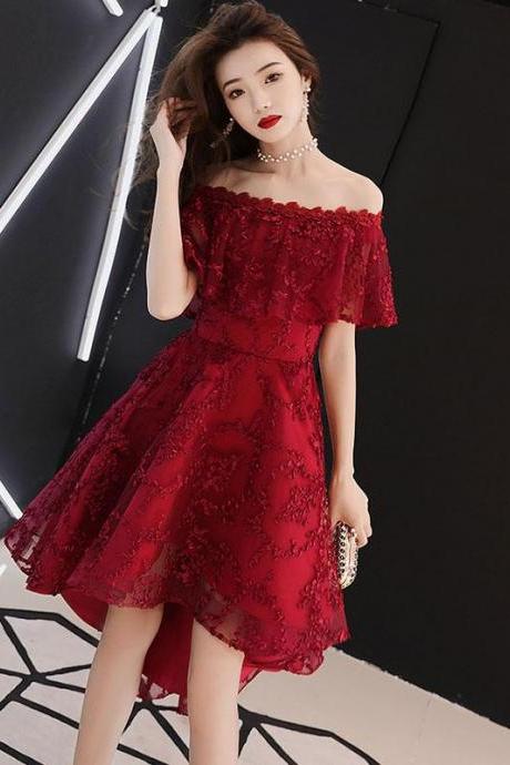 Dark Red Lace High Low Off Shoulder Wedding Party Dress, Lace Short Prom Dress Homecoming Dress