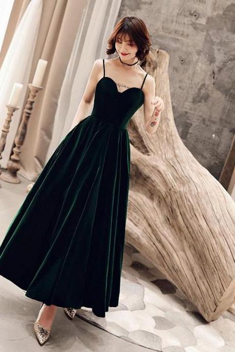 Dark Green Velvet Straps Wedding Party Dress Formal Dress, V Back Long Wedding Party Dress