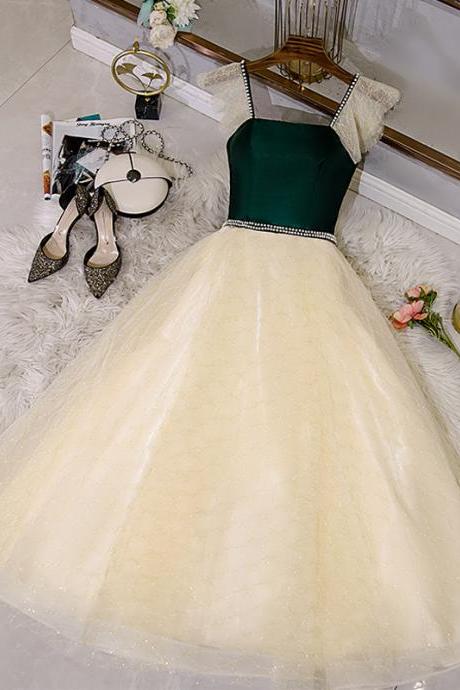 Champagne Lace and Green Satin Party Dresses Homecoming Dresses, Lovely Prom Dresses