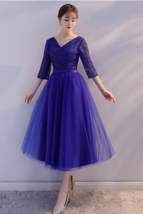 Charming Blue V-neckline Lace And Tulle Bridesmaid Dress, Short Tulle Prom Dress Party Dreses
