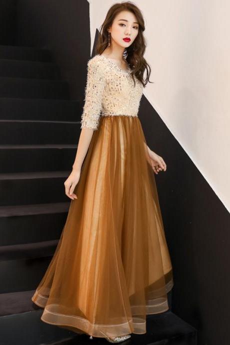 Beautiful Tulle Gold A-line Long Evening Dress Party Dress, Tulle Prom Dress Party Dresses