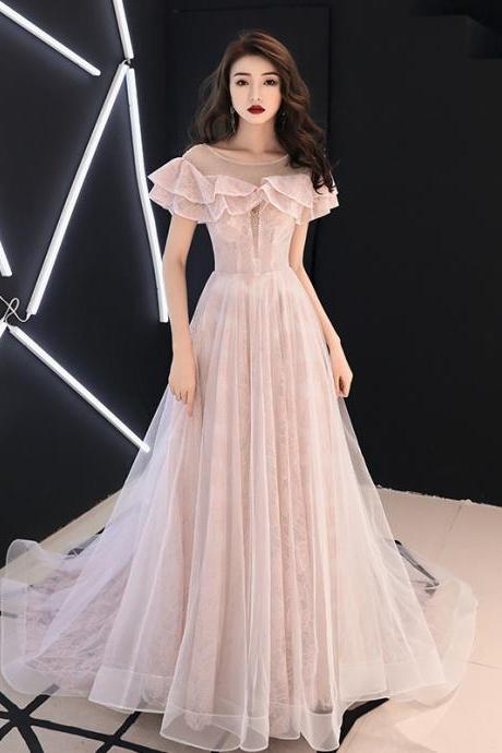 Pink Lace And Tulle Off Shoulder Long Evening Dress Prom Dress, Pink Lace Party Dresses