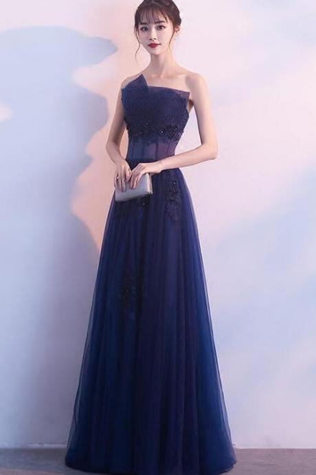 Navy Blue A-line Tulle With Lace Floor Length Party Dress, Blue Bridesmaid Dress