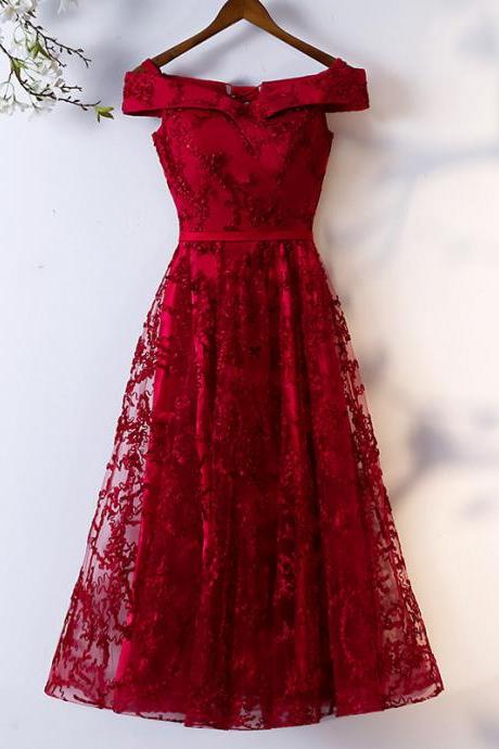 Lovely Lace Off Shoulder Short Party Dress Formal Dress, Wine Red Homecoming Dresses