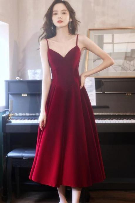 Dark Red Tea Length V-neckline Straps Bridesmaid Dresses, Wine Red Short Party Dresses