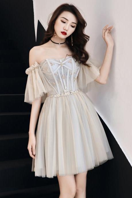 Off Shoulder Cute Beaded Short Tulle Homecoming Dress, Style Party Dress Prom Dress