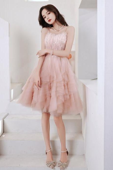 Pink Tulle Cute Short Party Dress Homecoming Dress, Pink Straps Prom Dresses