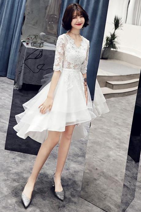 White High Low Tulle With Lace Applique Short Sleeves Party Dress, White Homecoming Dresses