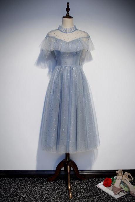 Cute Blue Shiny Tulle High Neckline Homecoming Dress Party Dress, Blue Short Party Dreses