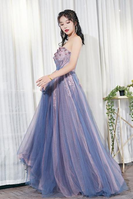 Beautiful Blue and Pink A-line Tulle Prom Dress, Beaded Formal Dress Party Dresses