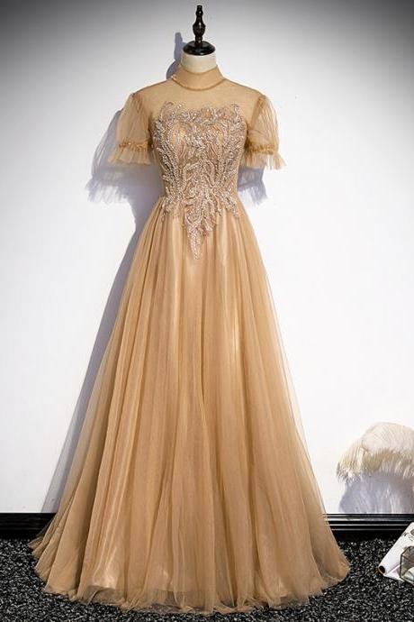 Champagne High Neckline Short Sleeves Long Party Dress, A-line Tulle Prom Dresses