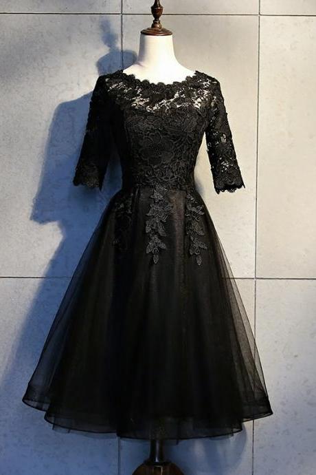 Black Lace And Tulle Short Sleeves Knee Length Homecoming Dress, Black Short Prom Dresses