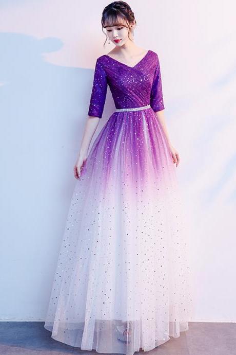 Purple Tulle Gradient V-neckline Short Sleeves Party Dresses, A-line Floor Length Prom Dresses