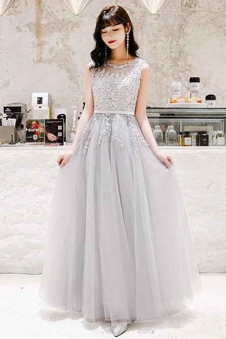 Light Grey Tulle Beaded And Lace Beautiful Long Party Dresses, Light Grey Evening Dresses