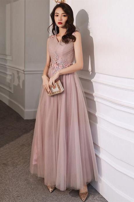 Pink V-neckline Tulle with Lace Applique Party Dress, A-line Tulle Formal Dresses Evening Dress