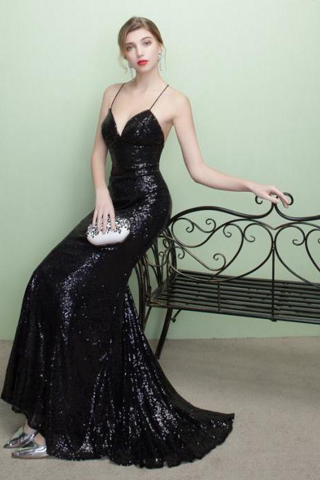Sexy Black Sequins Backless Mermaid Long Party Dress, Black Formal Dress Evening Dresses