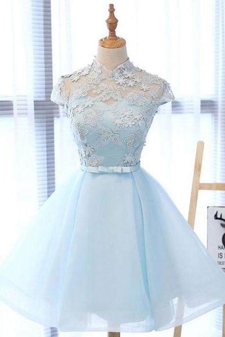 Cute Light Blue Short High Neckline Knee Length Party Dress, Blue Lace Prom Dresses