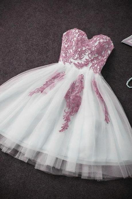 Cute Short Tulle Party Dress With Lace Applique, Short Prom Dress Homecoming Dresses