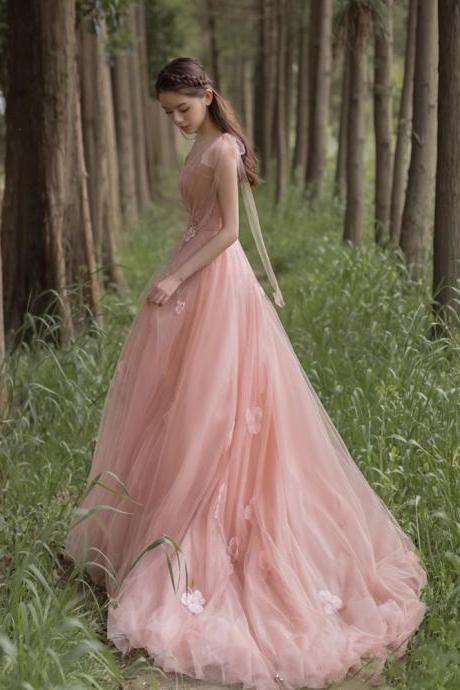 Lovely Pink Tulle A-line with Flowers Long Evening Gown Prom Dress, Light Pink Party Dresses