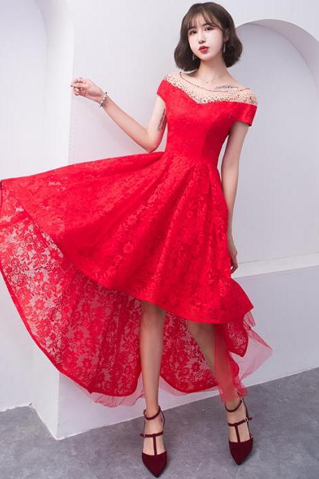 Chic Lace Red Round Neckline High Low Party Dresses, Red Homecoming Dress Prom Dress
