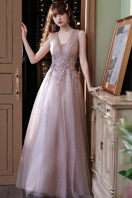 Pink V-neckline Beaded Lace Applique New Style Wedding Party Dresses, Pink Formal Dresses 