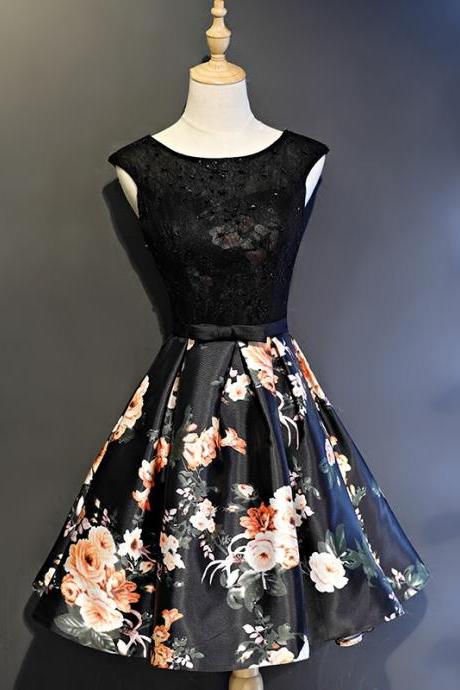 Black Floral Satin And Lace Short Party Dress Homecoming Dress, Floral Prom Dresses