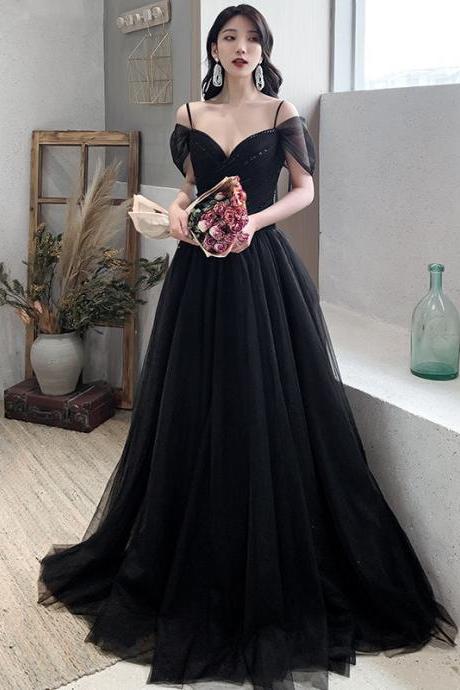 Black Tulle Straps Beaded Sweetheart A-line Long Evening Dress Formal Dress, Black Party Dresses