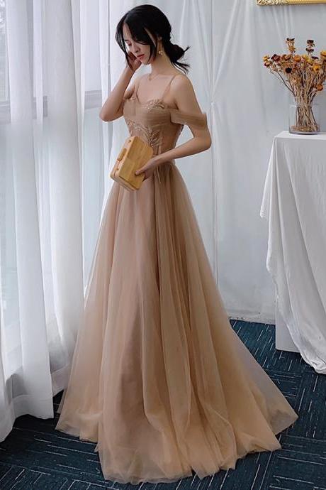 Champagne Straps Beaded Tulle Long Evening Dress Formal Dress, A-line Tulle Party Dresses