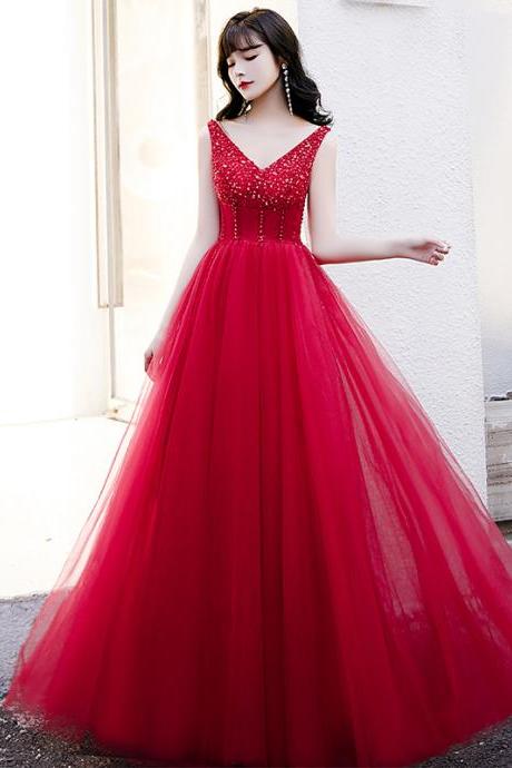 Red Tulle Beaded V-neckline A-line Long Evening Dress Party Dress, Red Formal Gown