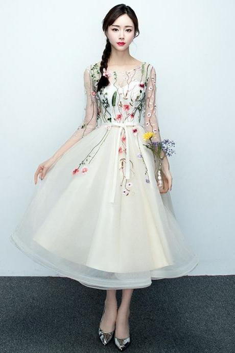 Champagne Lace Tea Length With Flowers A-line Wedding Party Dresses, Beautiful Short Formal Dresses