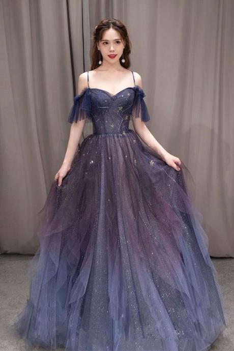 Charming Blue Beaded Gradient Tulle Long Formal Dress, A-line Straps Sweetheart Tulle Prom Dress