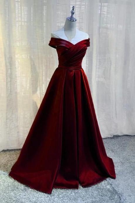 Dark Red A-line Floor Length Satin Prom Dress Party Dress, Off Shoulder Long Evening Dress