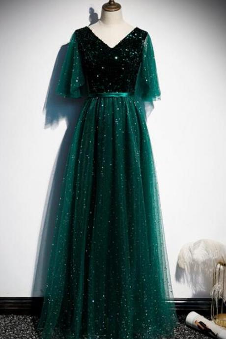 Pretty Dark Green Sequins And Tulle Long Formal Gown, Green A-line Bridesmaid Dress Party Dress