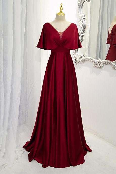 Charming Dark Red Satin A-line Floor Length Evening Dress, Wine Red Wedding Party Dresses
