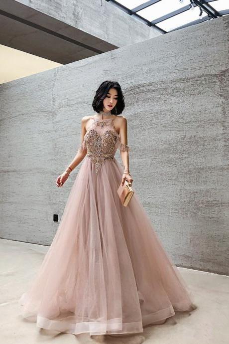 Pink Halter Beaded Low V Back Tulle Party Dress, A-line Tulle Pink Prom Dress 2022