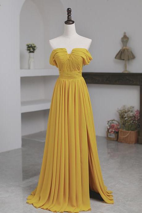 Beautiful Yellow Chiffon A-line Long Bridesmaid Dress, Off Shoulder Long Formal Dress