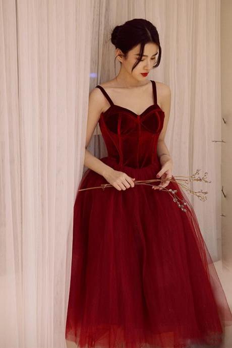 Lovely Wine Red Tea Length Velvet Top And Tulle Party Dress, Dark Red Straps Evening Dress
