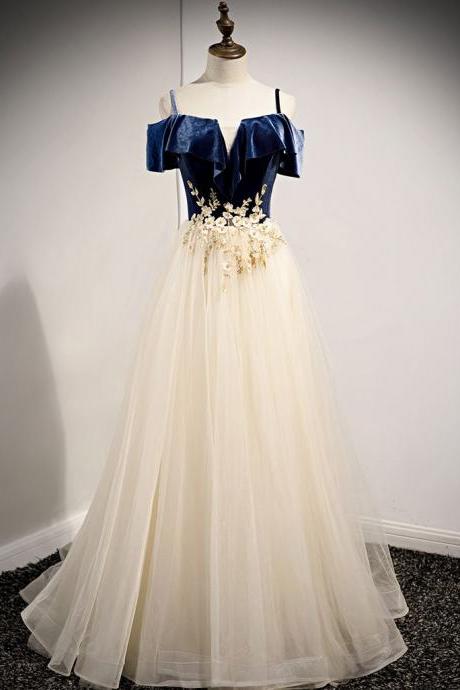 Light Champagne Tulle With Blue Velvet Long Party Dress Formal Dress, A-line Prom Dress 2022