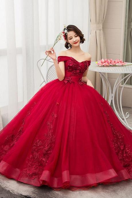Gorgeous Off The Shoulder Luxury Lace Party Quinceanera Dresses Sweet 16 Dress, Wine Red Tulle Ball Gown Prom Dress